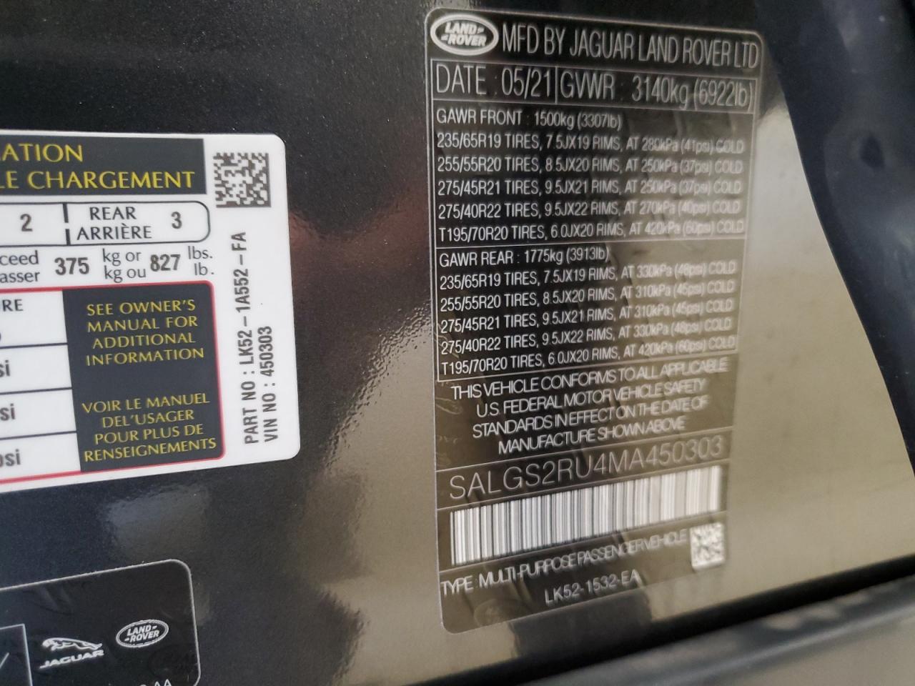 2021 Land Rover Range Rover Hse Westminster Edition VIN: SALGS2RU4MA450303 Lot: 64027734