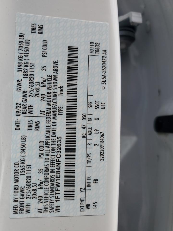 2022 Ford F150 Supercrew VIN: 1FTFW1E84NFC32635 Lot: 61961584