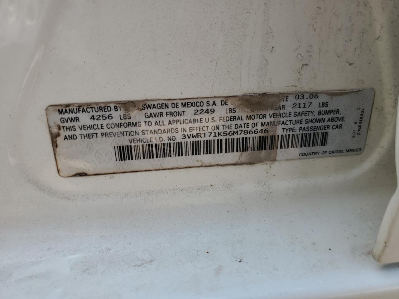 2006 Volkswagen Jetta Tdi VIN: 3VWRT71K56M786646 Lot: 62319294