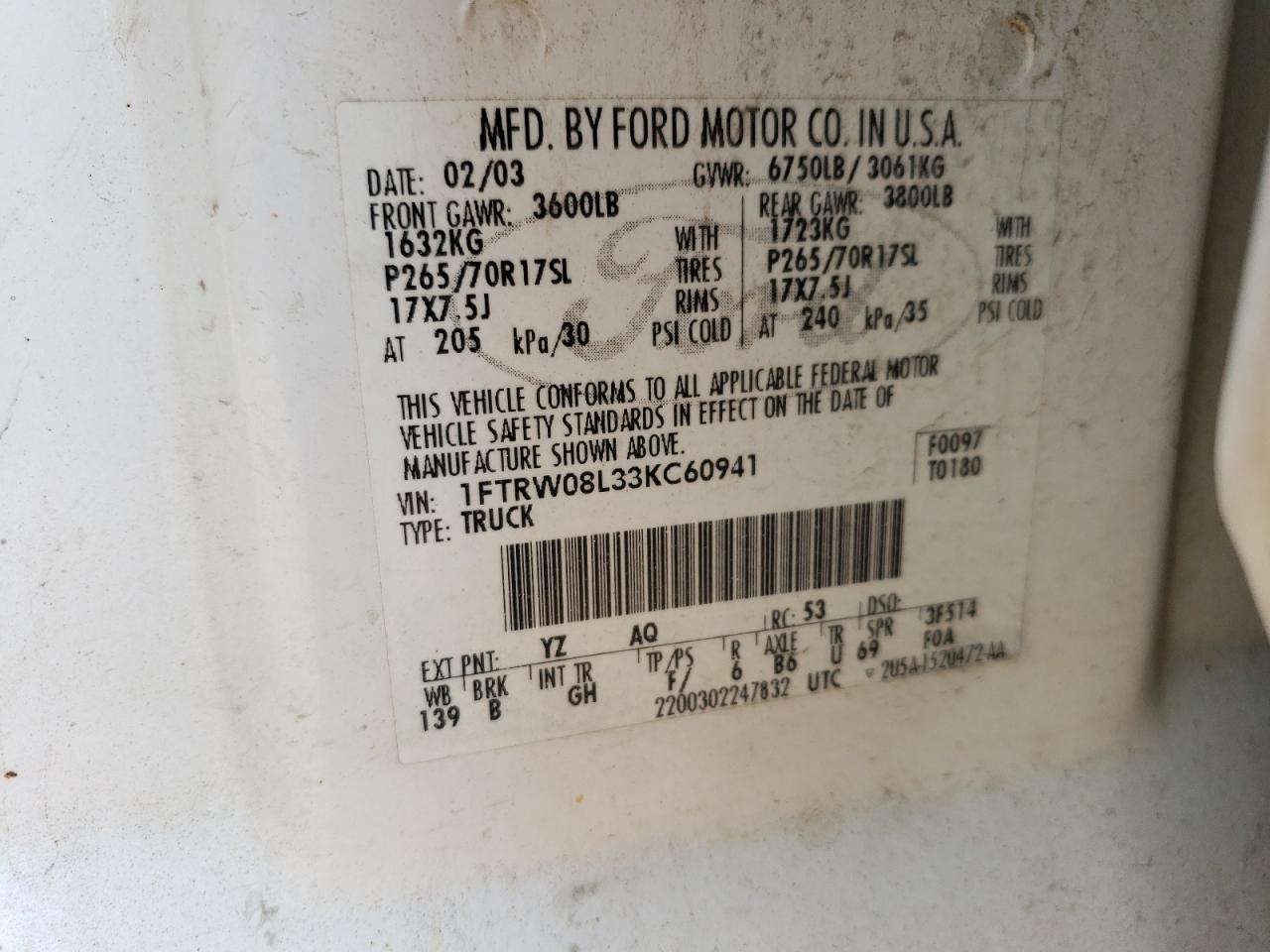 2003 Ford F150 Supercrew VIN: 1FTRW08L33KC60941 Lot: 64484594