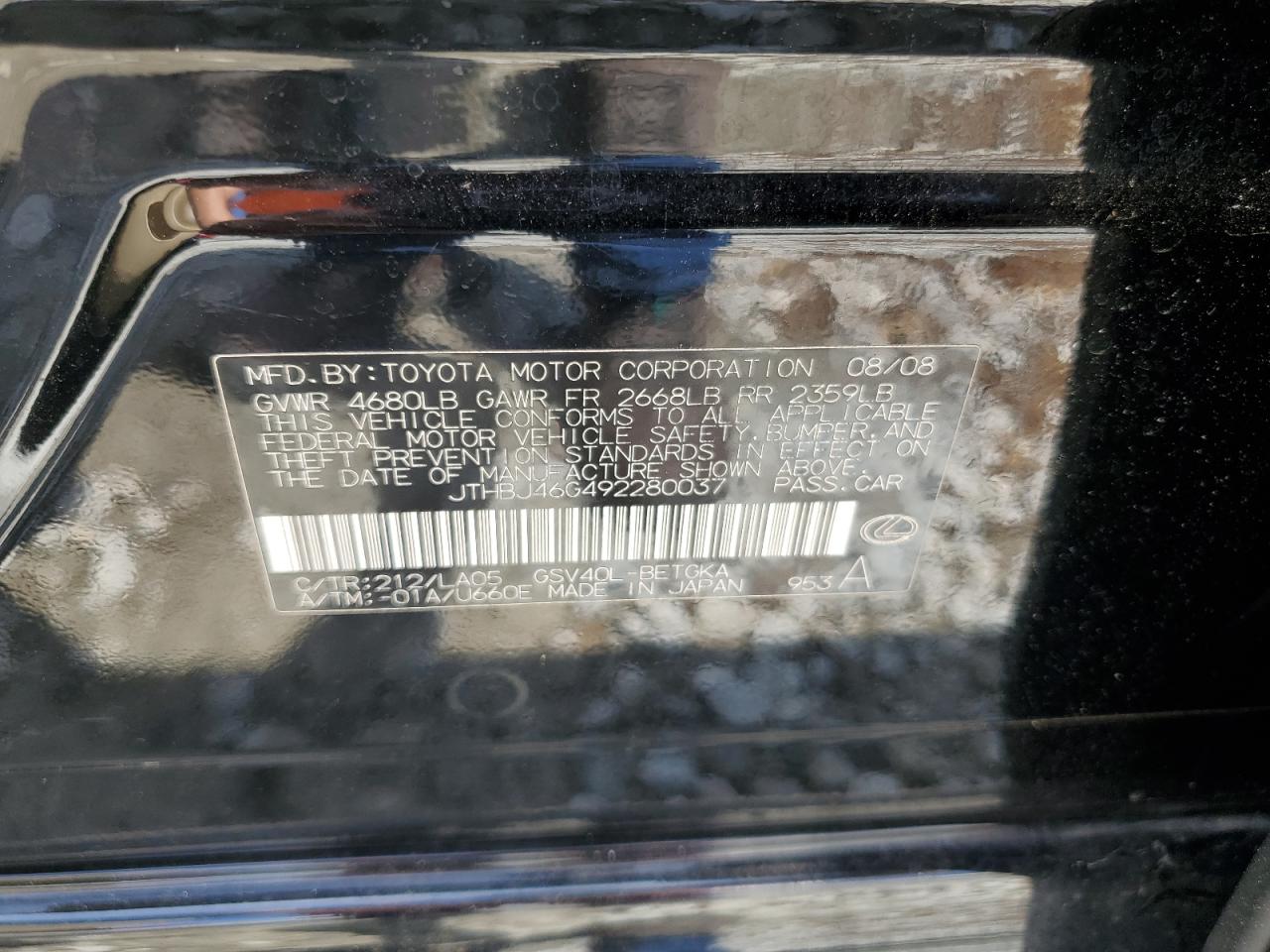 2009 Lexus Es 350 VIN: JTHBJ46G492280037 Lot: 64774174