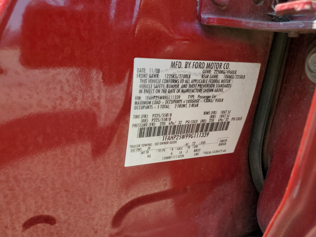 2009 Ford Taurus Limited VIN: 1FAHP25W99G111339 Lot: 61937664