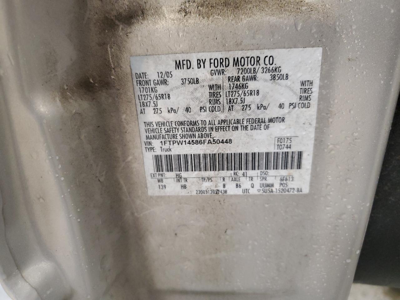 2006 Ford F150 Supercrew VIN: 1FTPW14586FA50448 Lot: 60906764