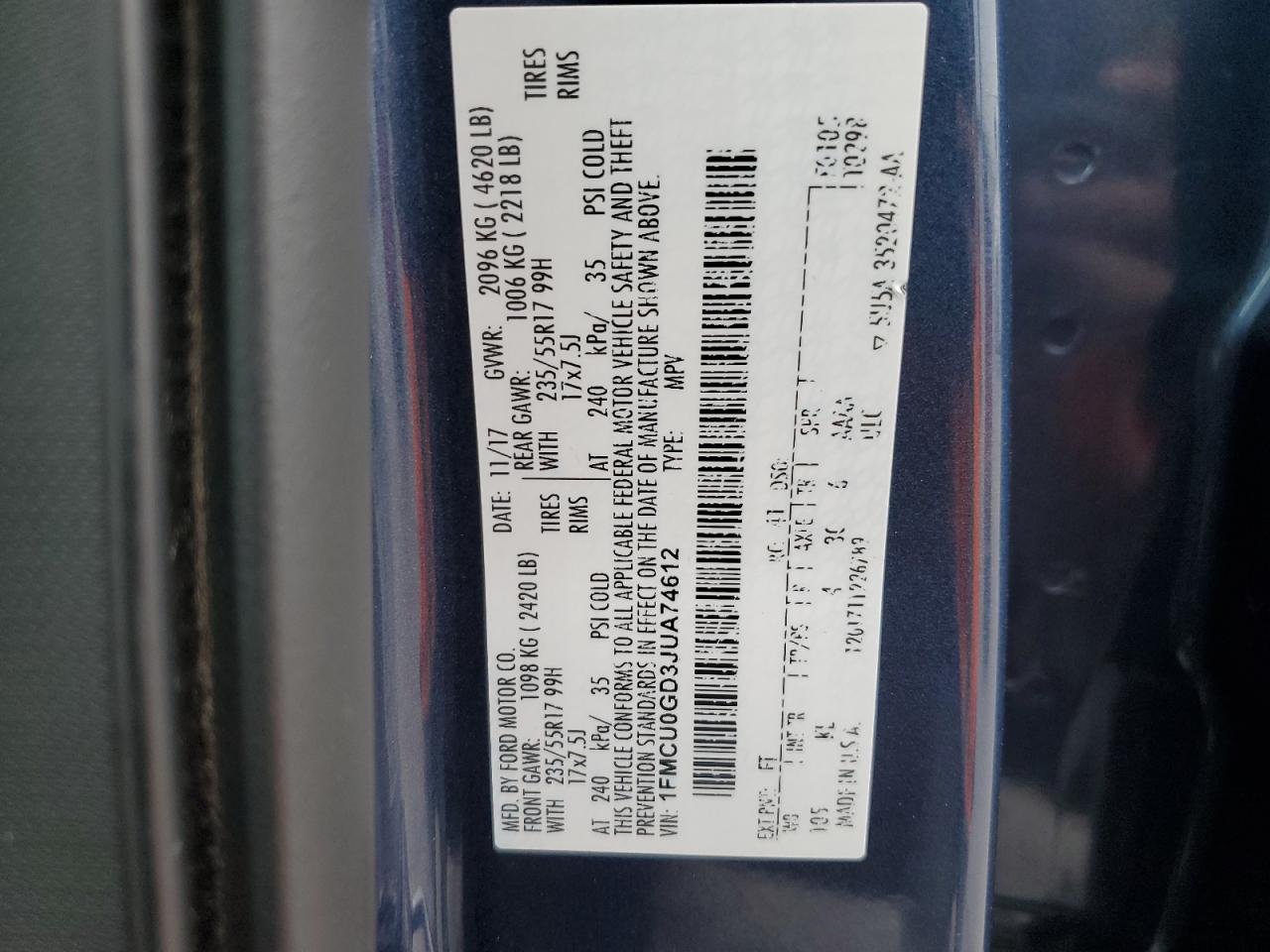 2018 Ford Escape Se VIN: 1FMCU0GD3JUA74612 Lot: 64037344