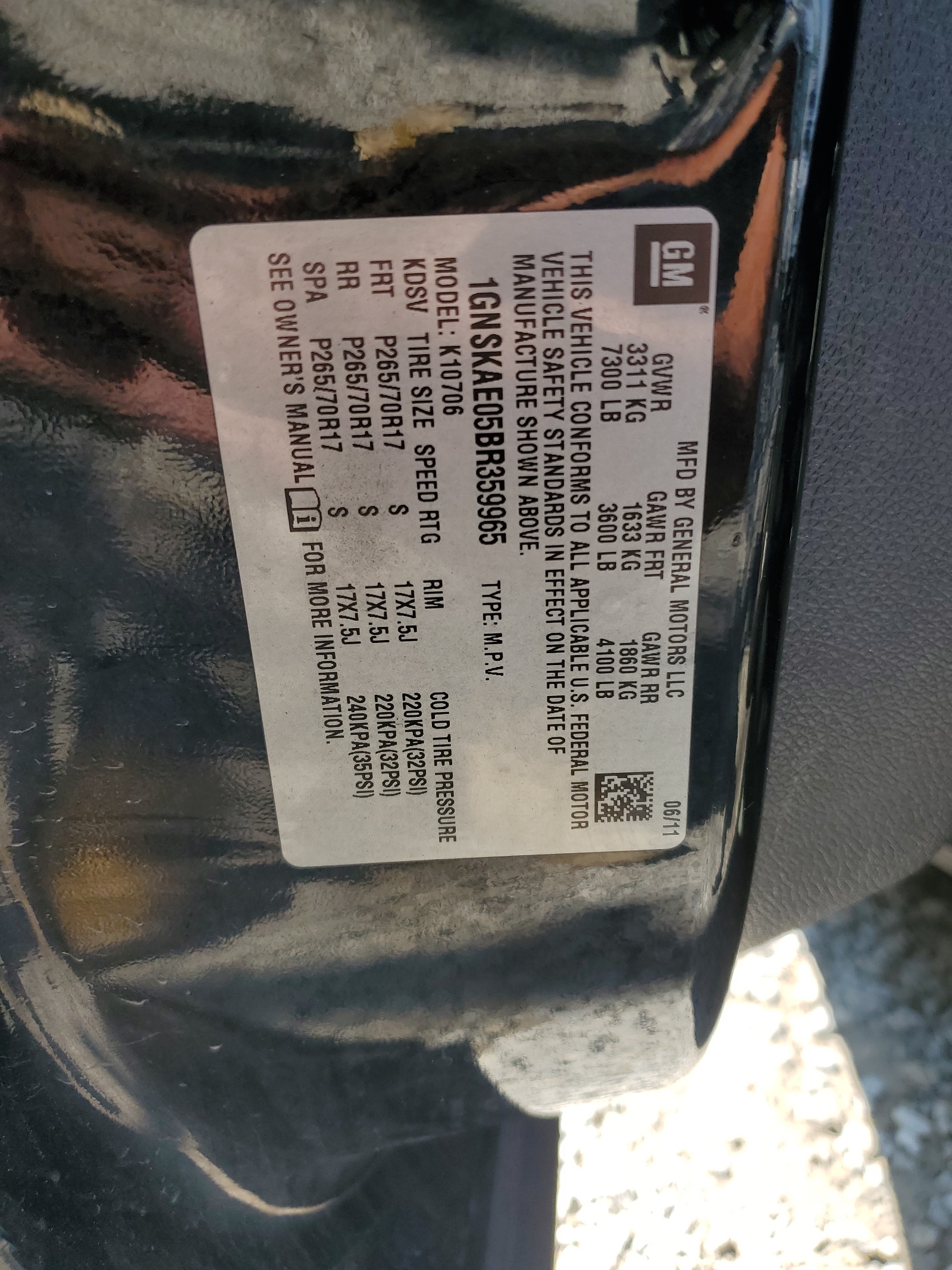 1GNSKAE05BR359965 2011 Chevrolet Tahoe K1500 Ls