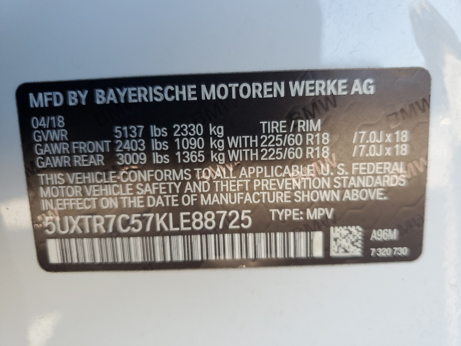 5UXTR7C57KLE88725 2019 BMW X3 Sdrive30I