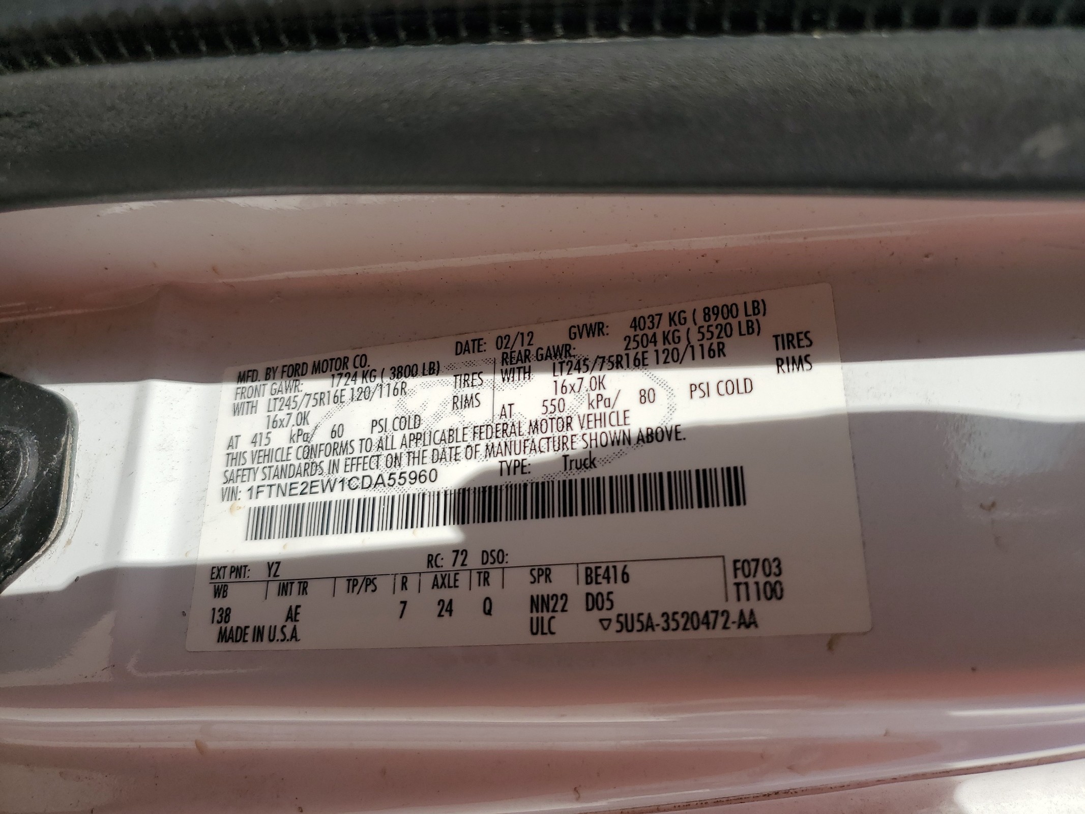 1FTNE2EW1CDA55960 2012 Ford Econoline E250 Van