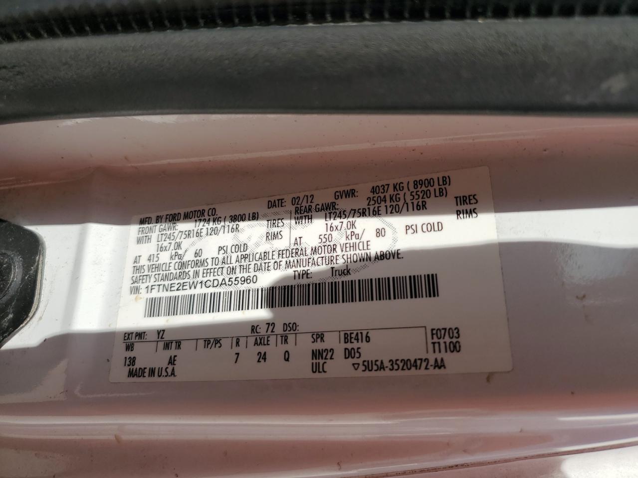 2012 Ford Econoline E250 Van VIN: 1FTNE2EW1CDA55960 Lot: 64577134