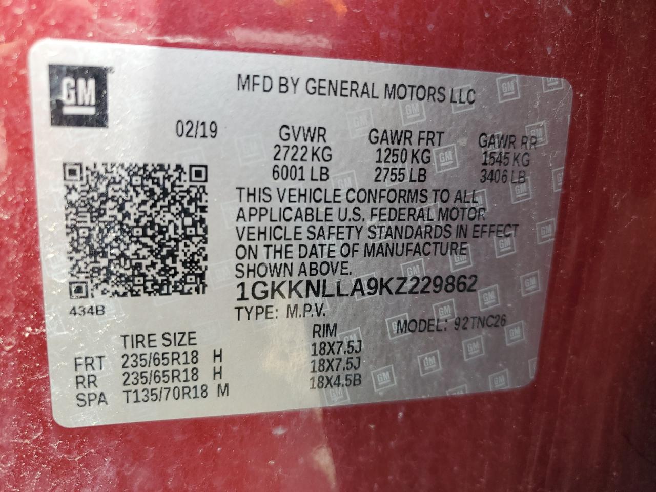 1GKKNLLA9KZ229862 2019 GMC Acadia Sle