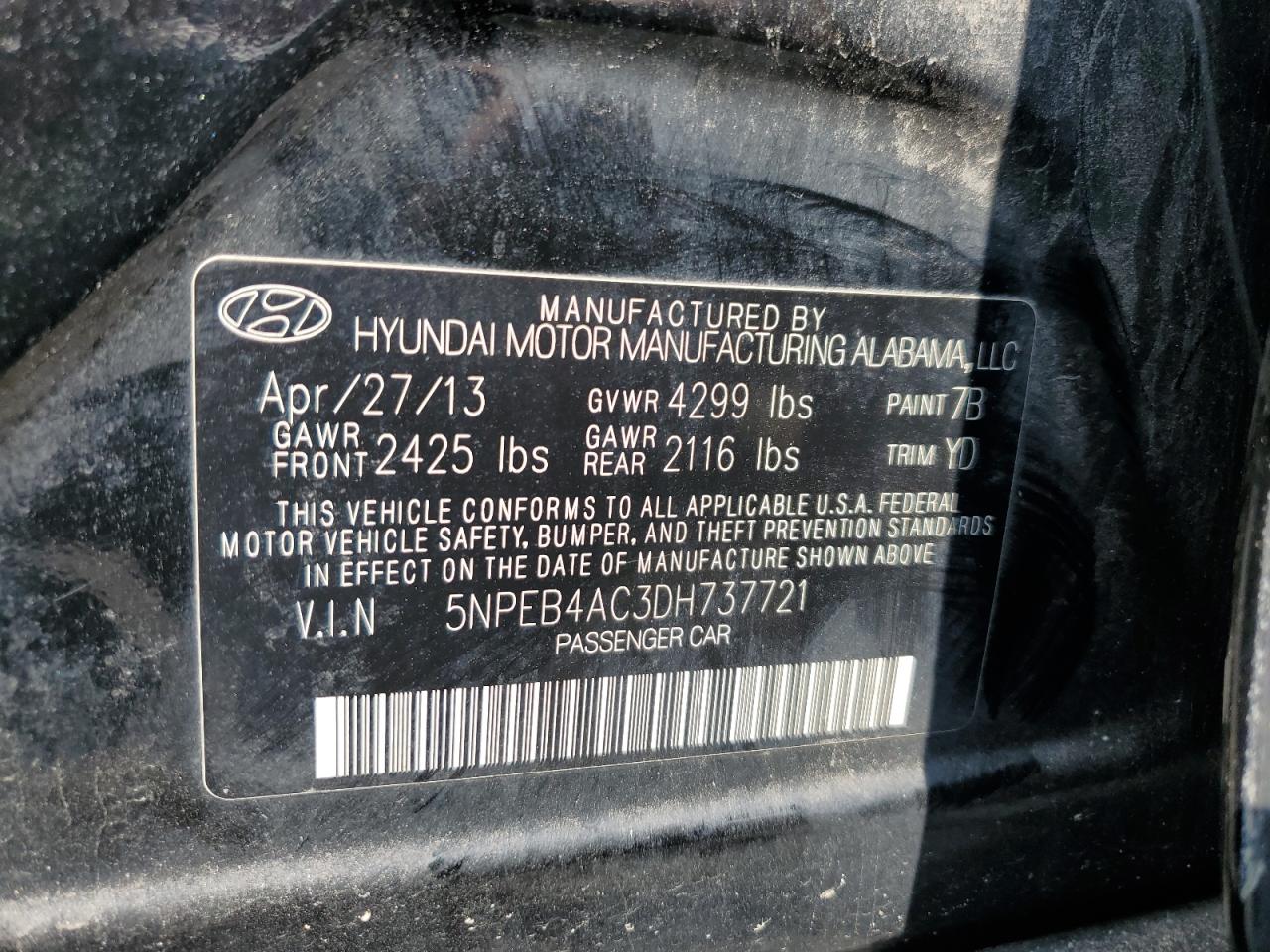 2013 Hyundai Sonata Gls VIN: 5NPEB4AC3DH737721 Lot: 64950184