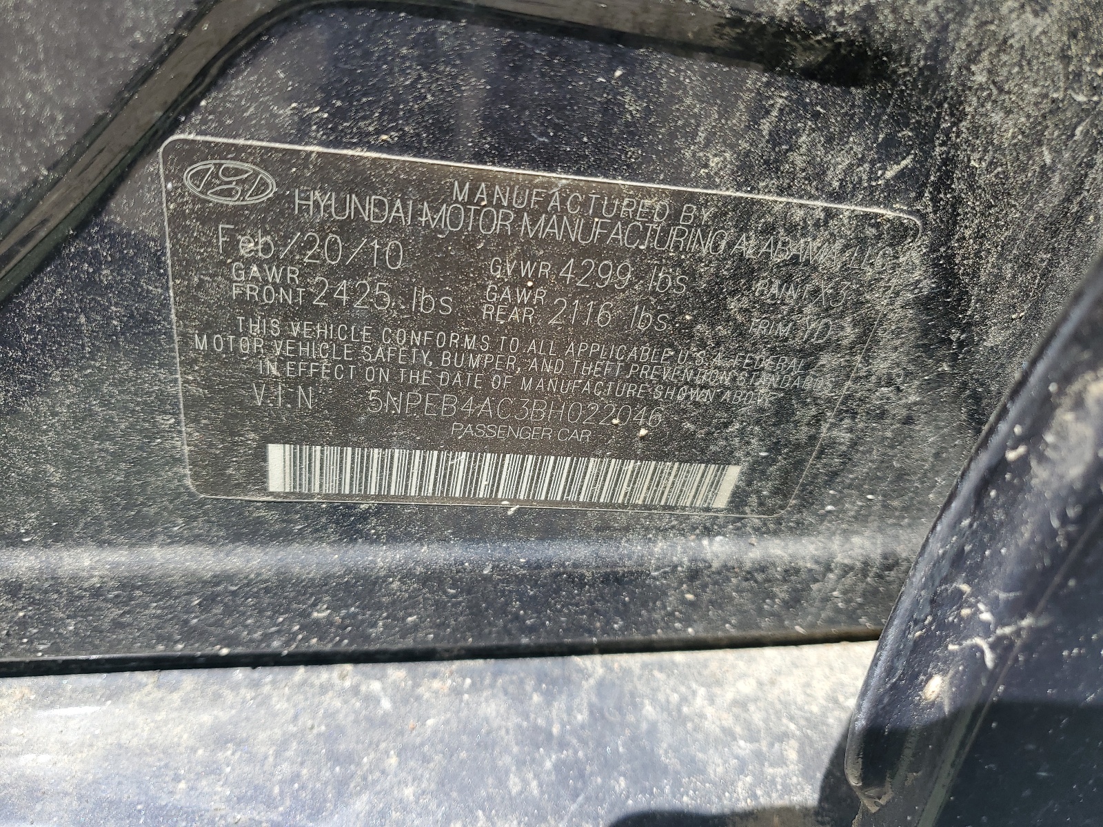 5NPEB4AC3BH022046 2011 Hyundai Sonata Gls