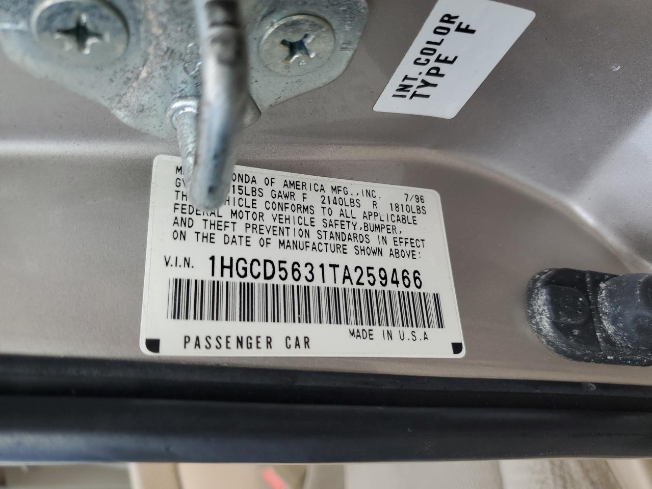 1996 Honda Accord Lx VIN: 1HGCD5631TA259466 Lot: 63779904