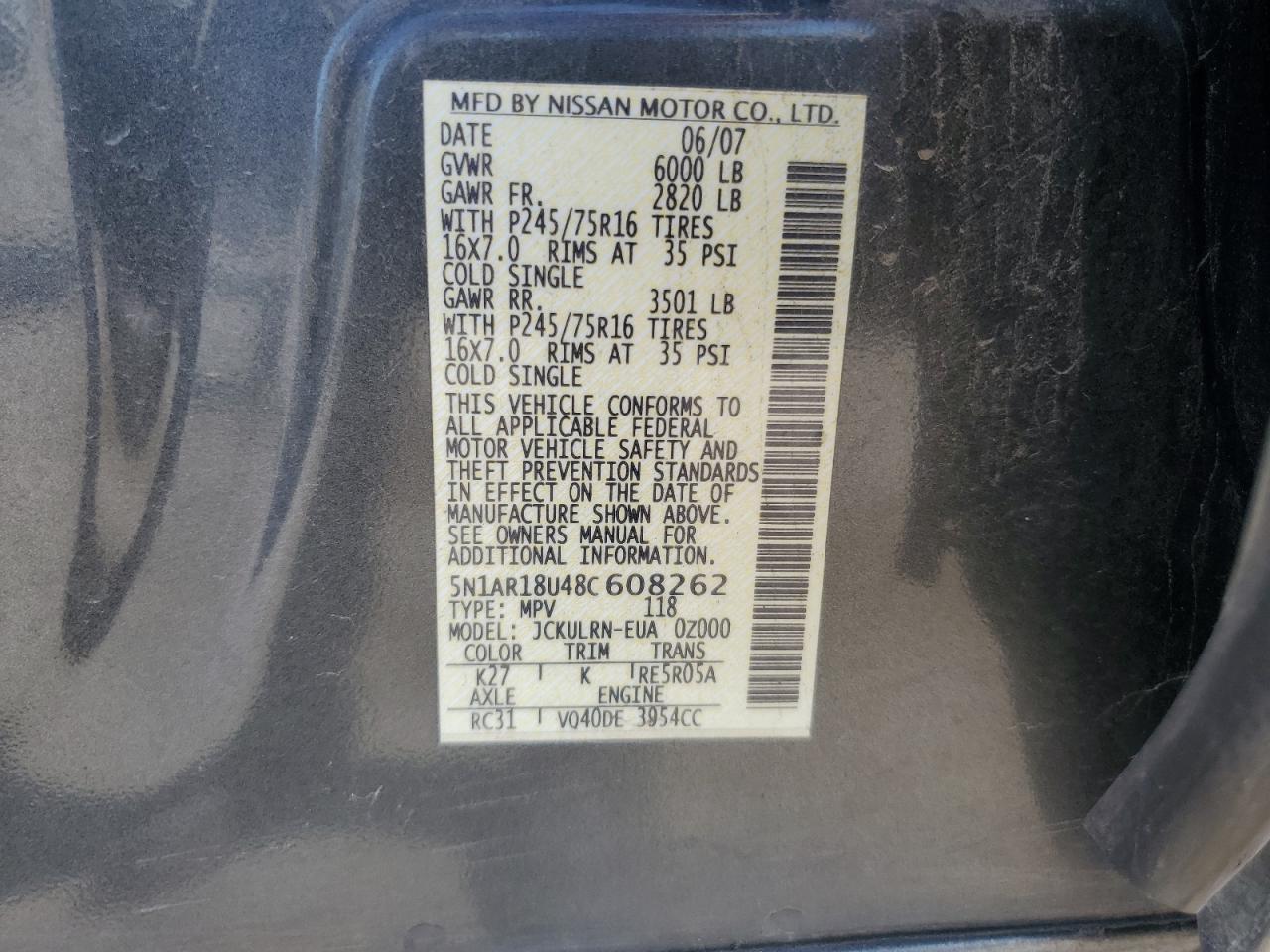 2008 Nissan Pathfinder S VIN: 5N1AR18U48C608262 Lot: 63771404