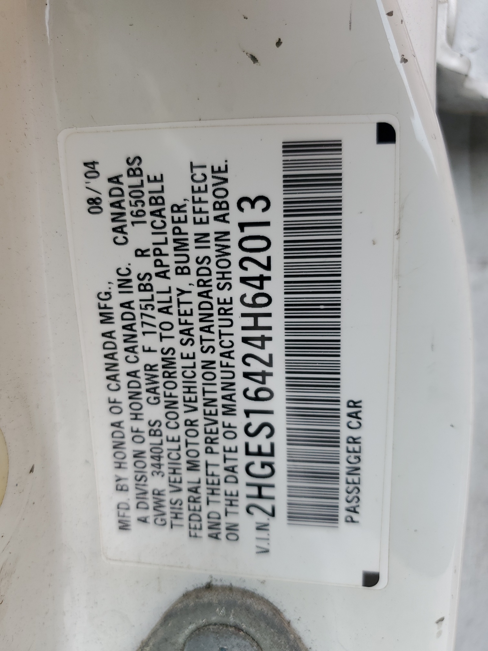 2HGES16424H642013 2004 Honda Civic Dx