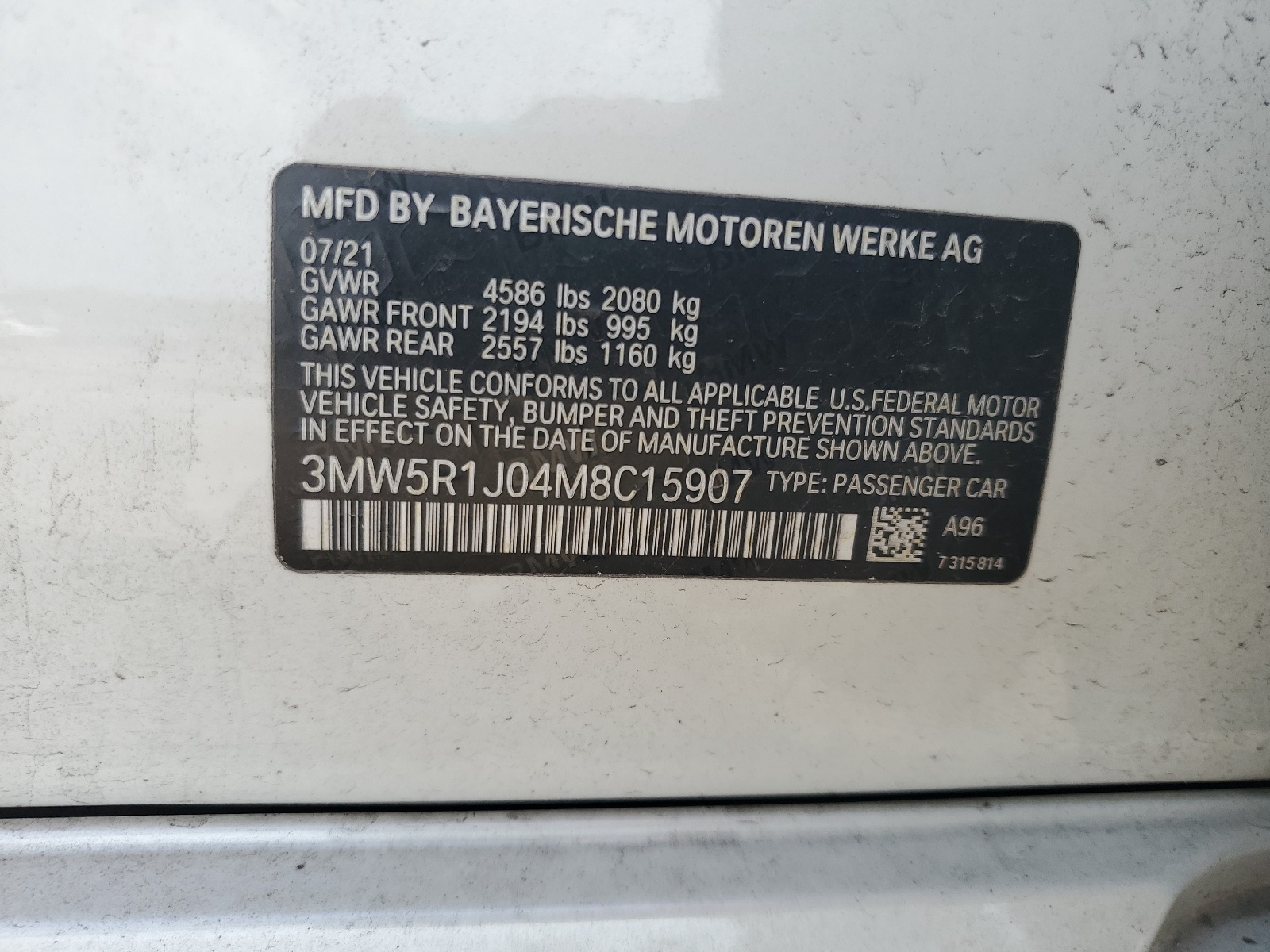 3MW5R1J04M8C15907 2021 BMW 330I