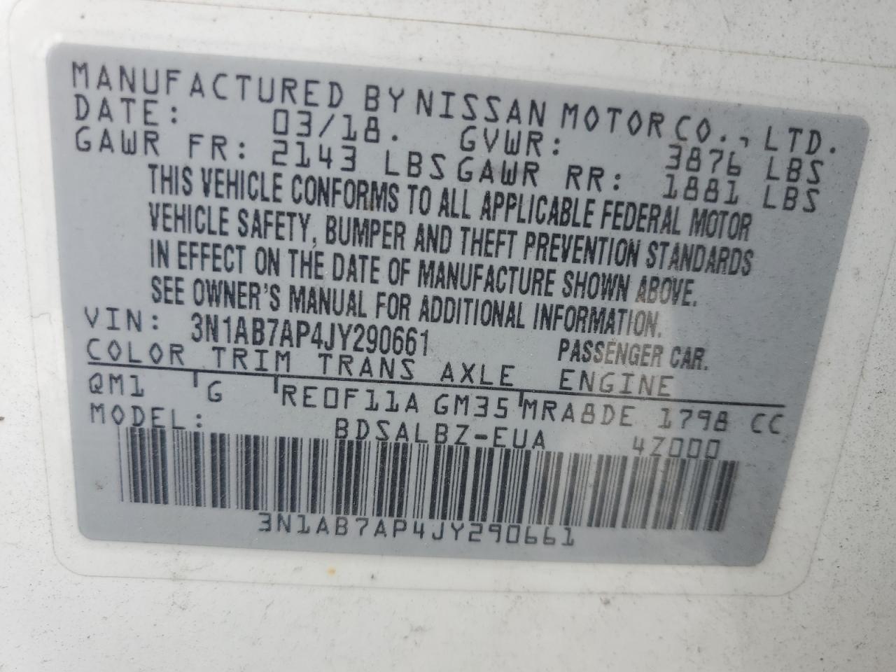 3N1AB7AP4JY290661 2018 Nissan Sentra S