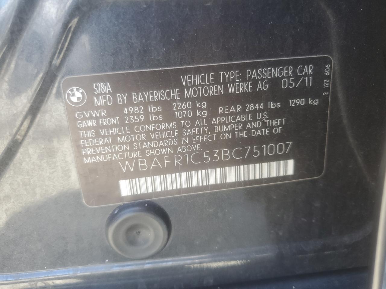 2011 BMW 528 I VIN: WBAFR1C53BC751007 Lot: 63891554