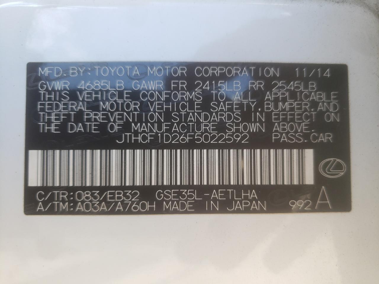 2015 Lexus Is 250 VIN: JTHCF1D26F5022592 Lot: 62245674