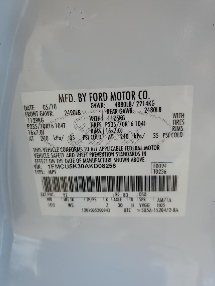 2010 Ford Escape Hybrid VIN: 1FMCU5K30AKD08258 Lot: 63070614