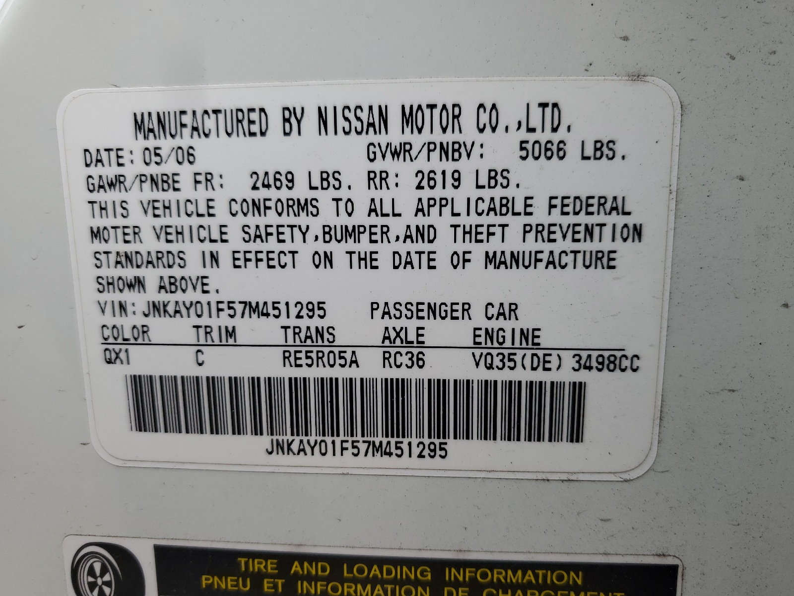 JNKAY01F57M451295 2007 Infiniti M35 Base