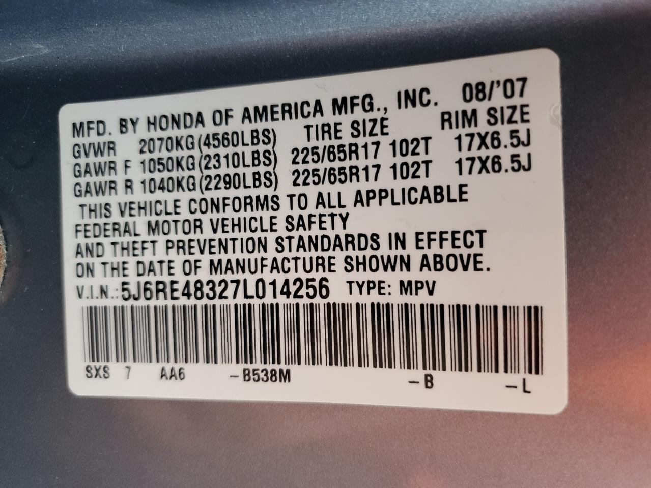 2007 Honda Cr-V Lx VIN: 5J6RE48327L014256 Lot: 64696384
