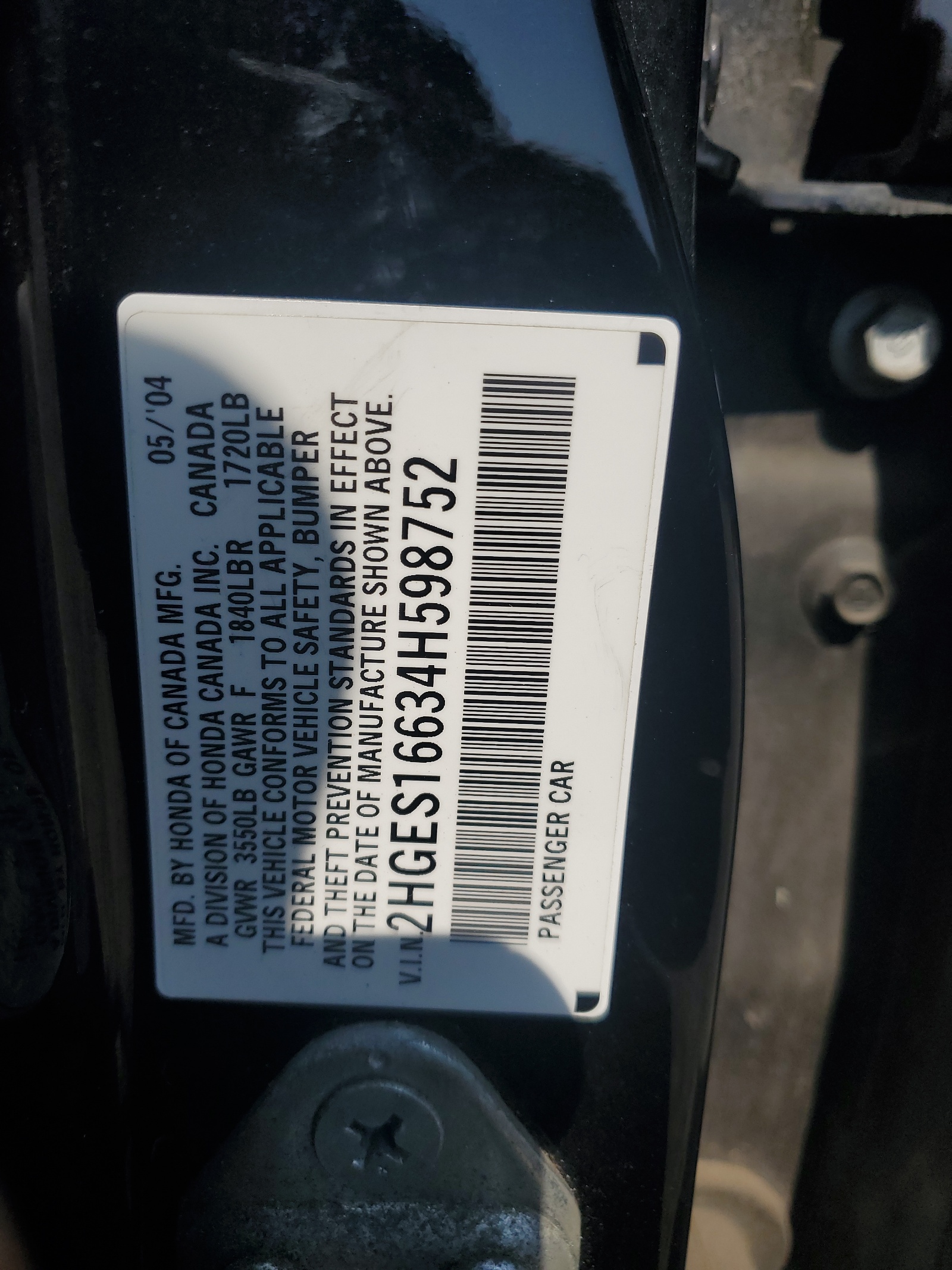 2HGES16634H598752 2004 Honda Civic Lx