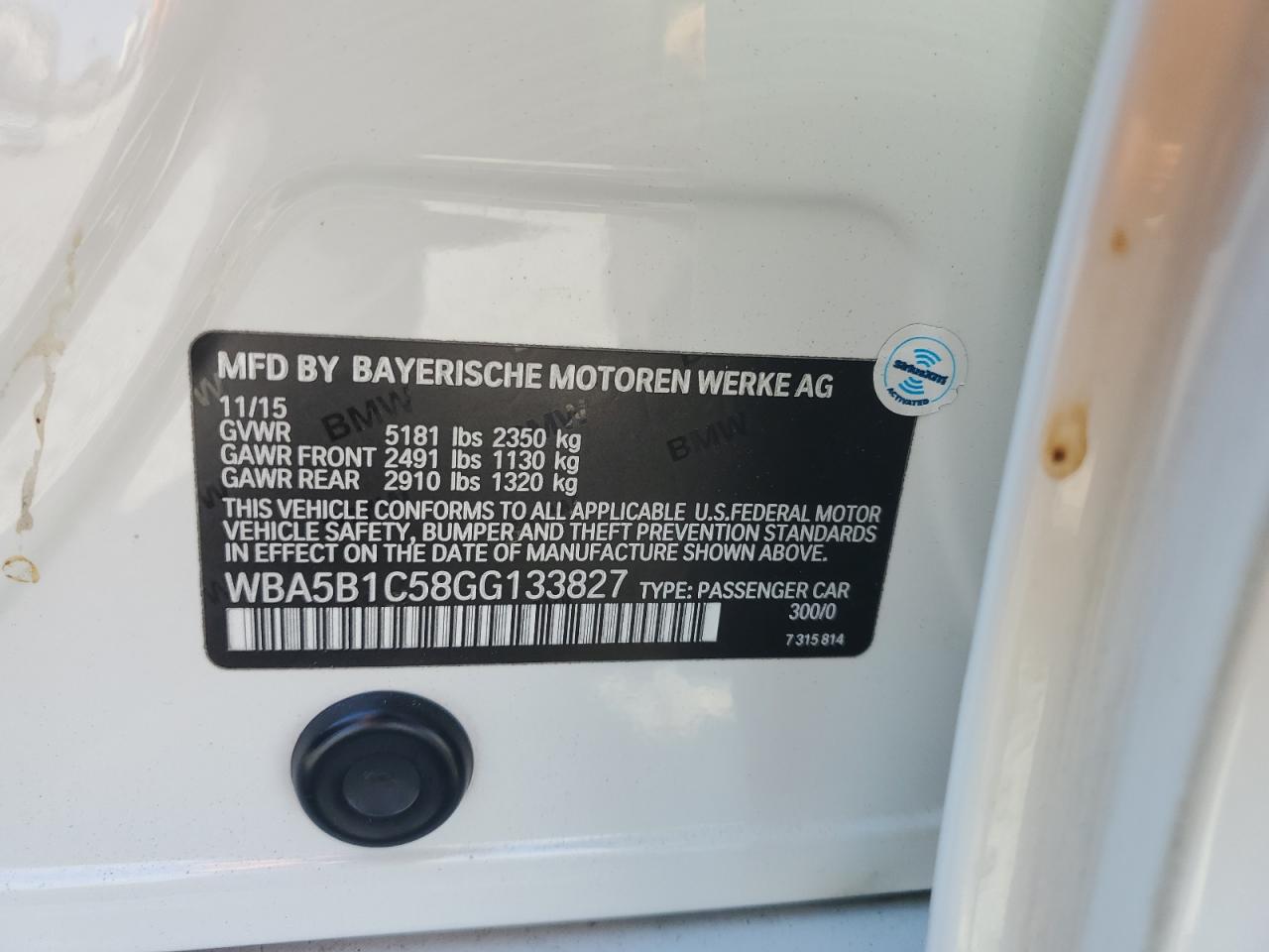 2016 BMW 535 I VIN: WBA5B1C58GG133827 Lot: 61962924