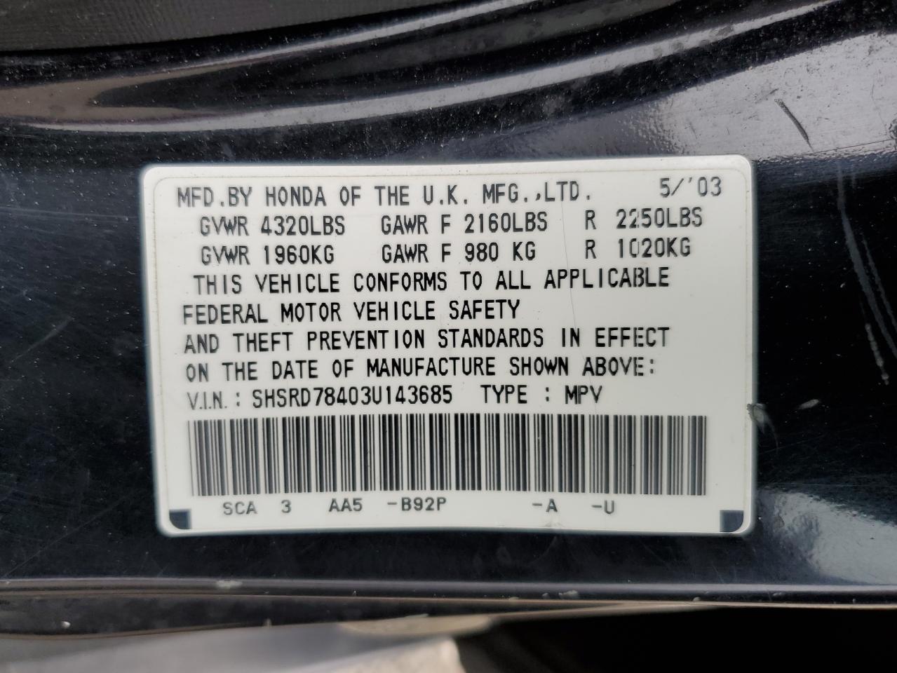 2003 Honda Cr-V Lx VIN: SHSRD78403U143685 Lot: 65315704