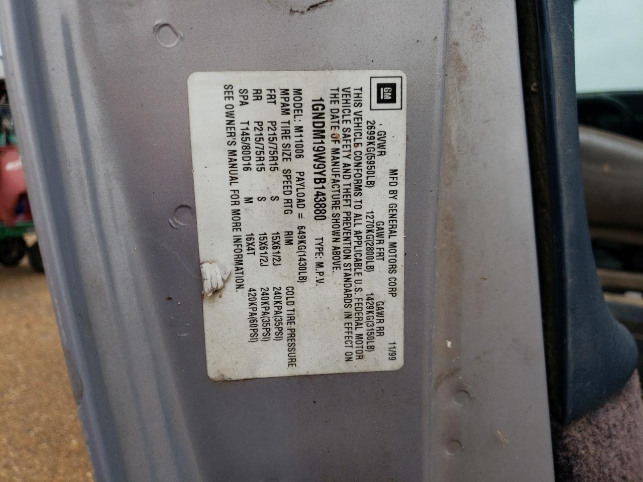 2000 Chevrolet Astro VIN: 1GNDM19W9YB143880 Lot: 63498494