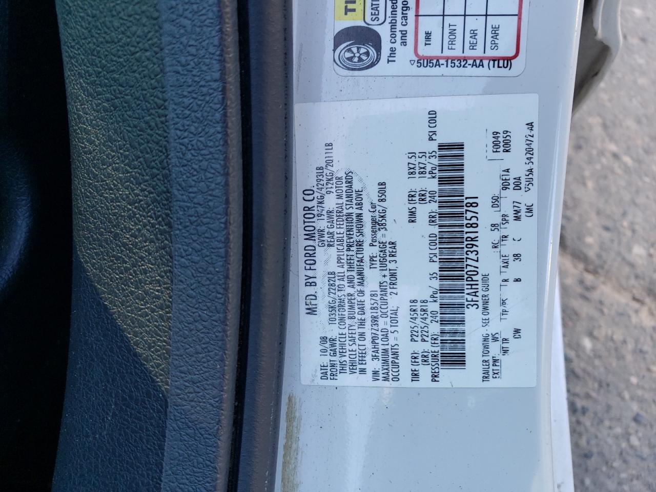 2009 Ford Fusion Se VIN: 3FAHP07Z39R185781 Lot: 63143414