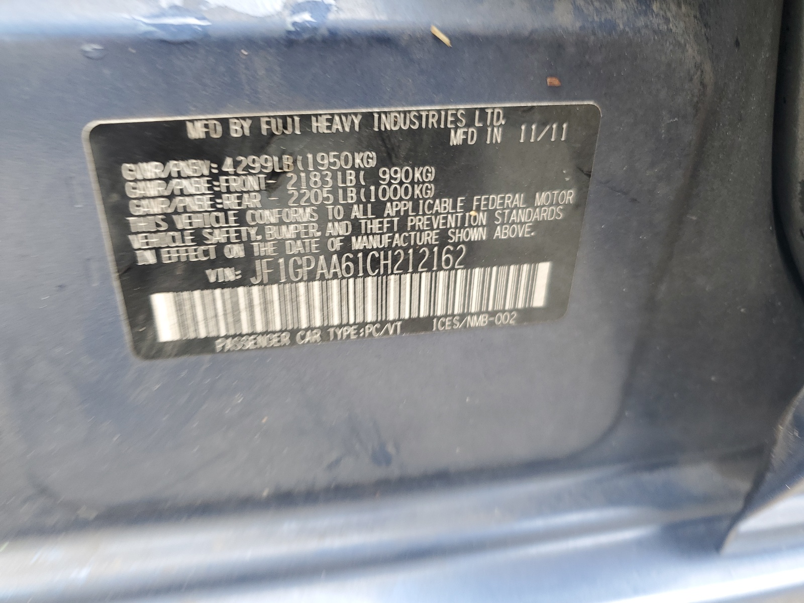 JF1GPAA61CH212162 2012 Subaru Impreza