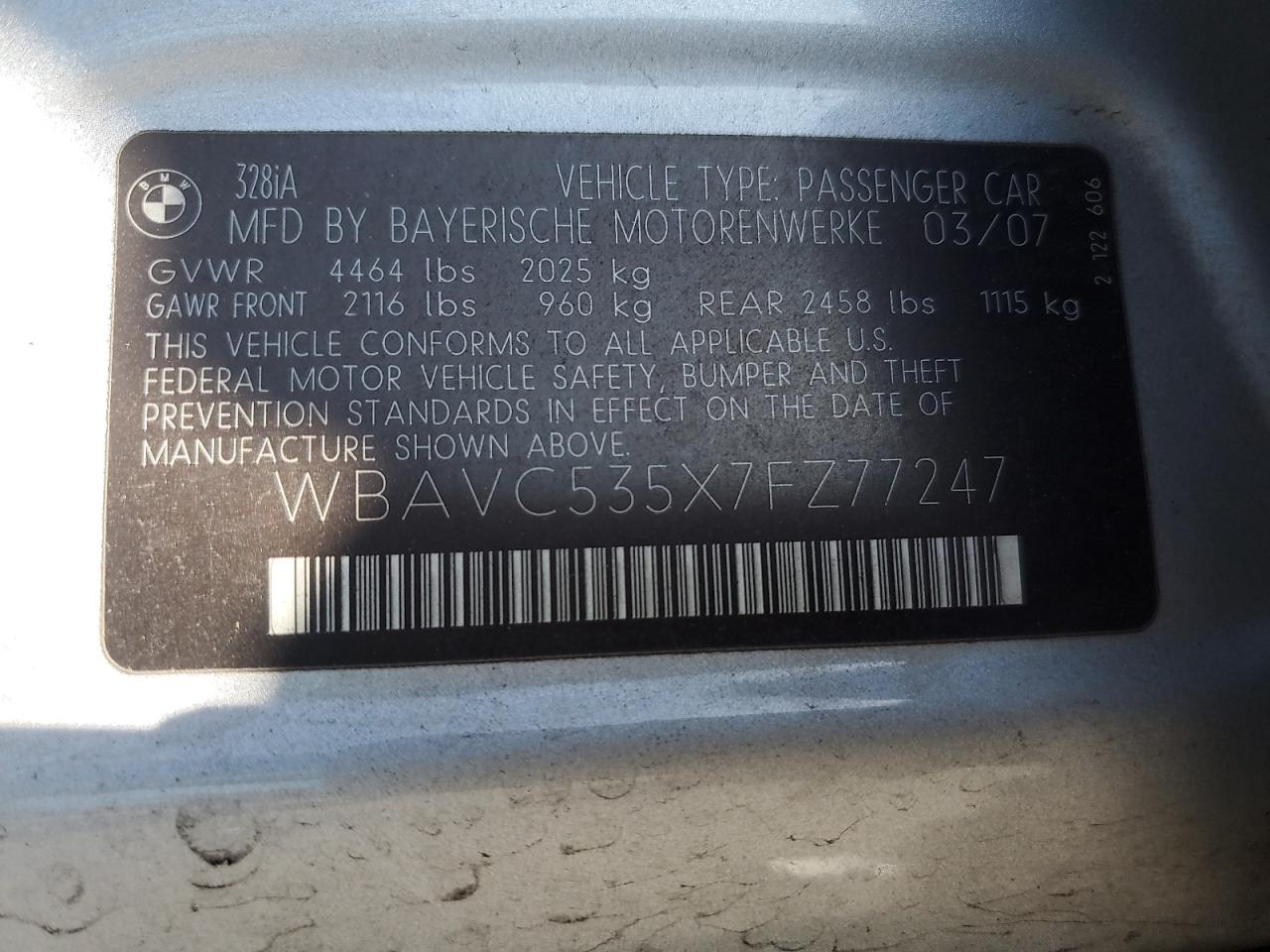 2007 BMW 328 I Sulev VIN: WBAVC535X7FZ77247 Lot: 62516464