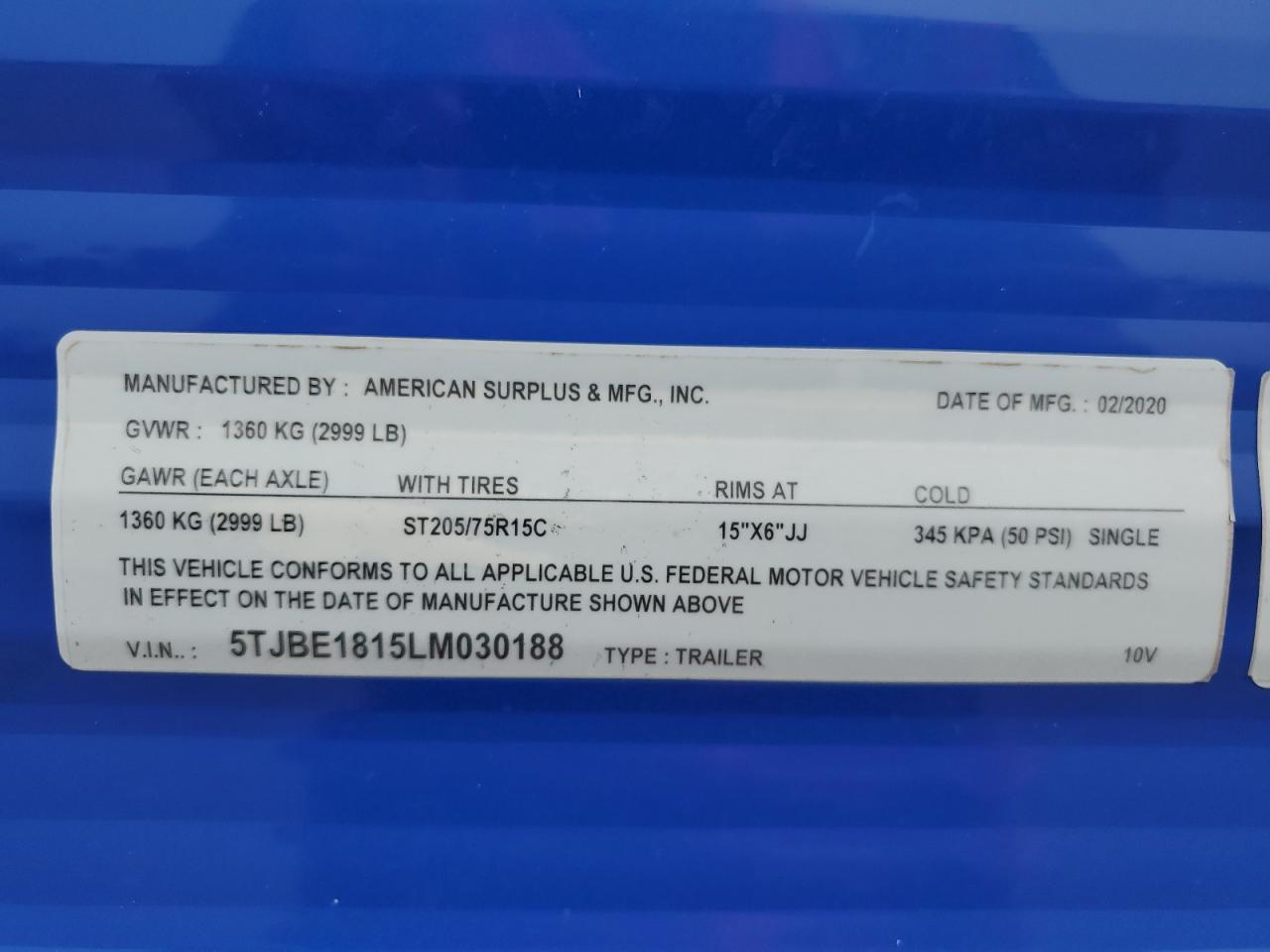 2020 American Motors Trailer VIN: 5TJBE1815LM030188 Lot: 65250664