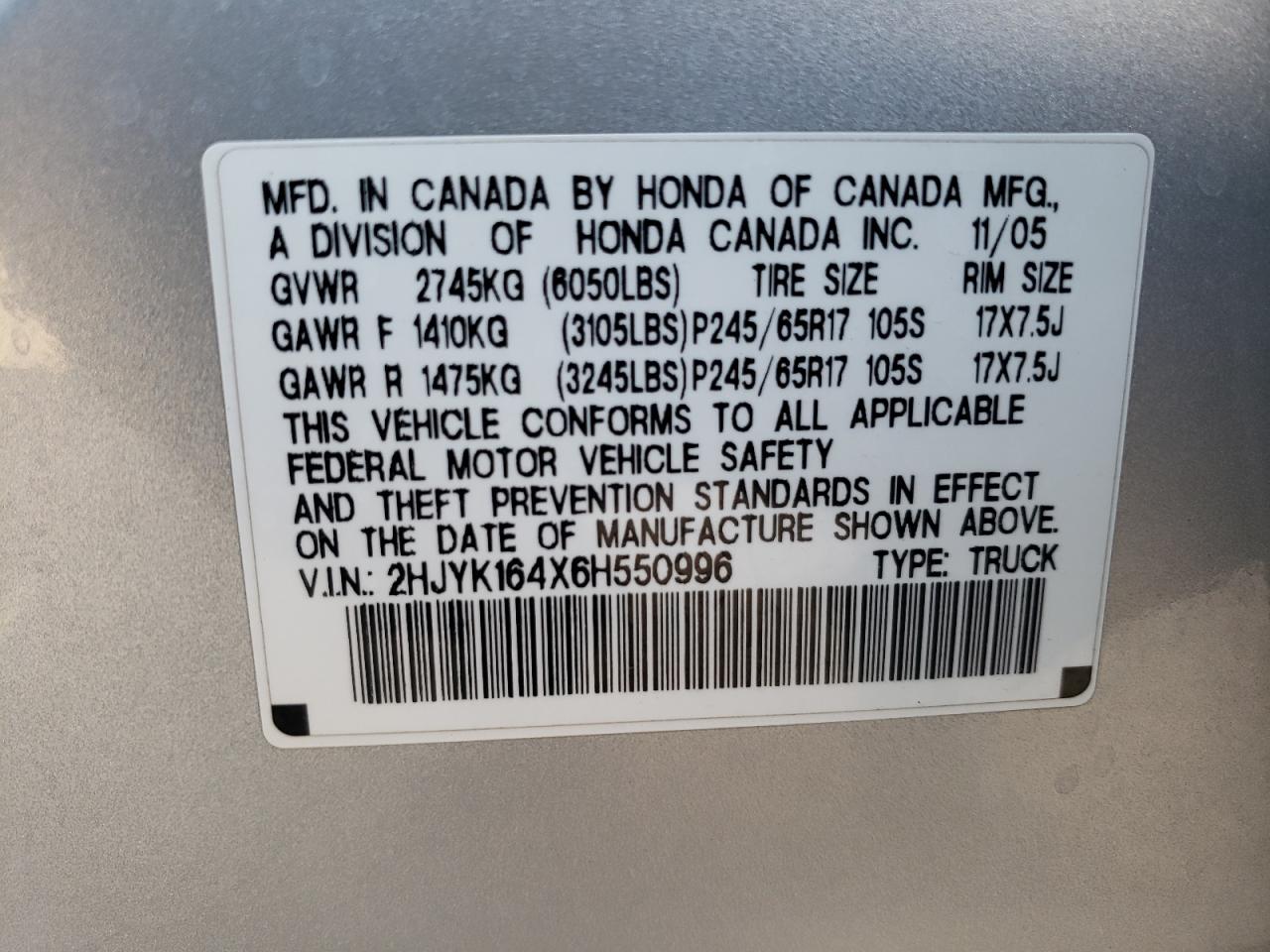 2006 Honda Ridgeline Rts VIN: 2HJYK164X6H550996 Lot: 62130634