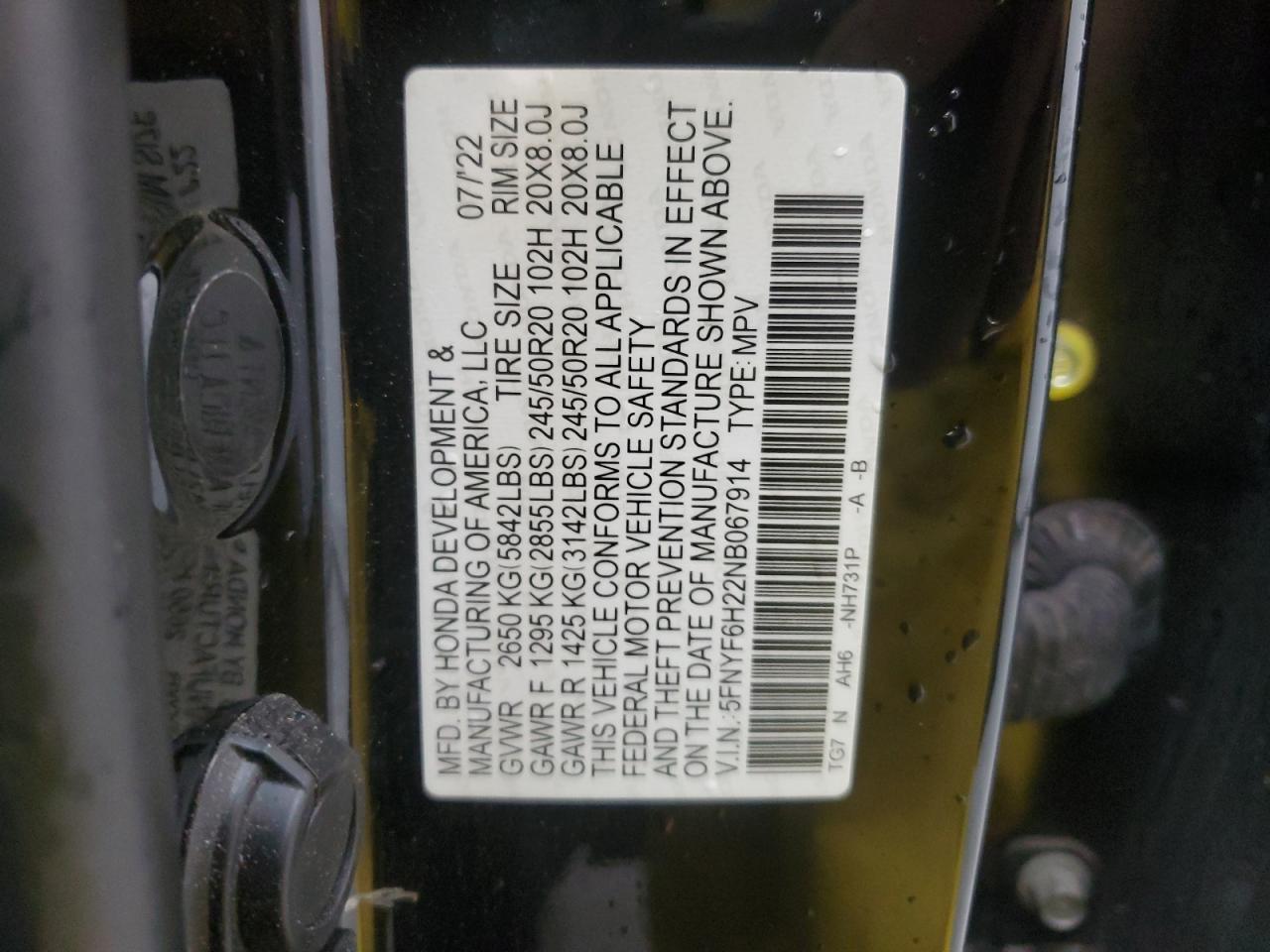 2022 Honda Pilot Se VIN: 5FNYF6H22NB067914 Lot: 64889274