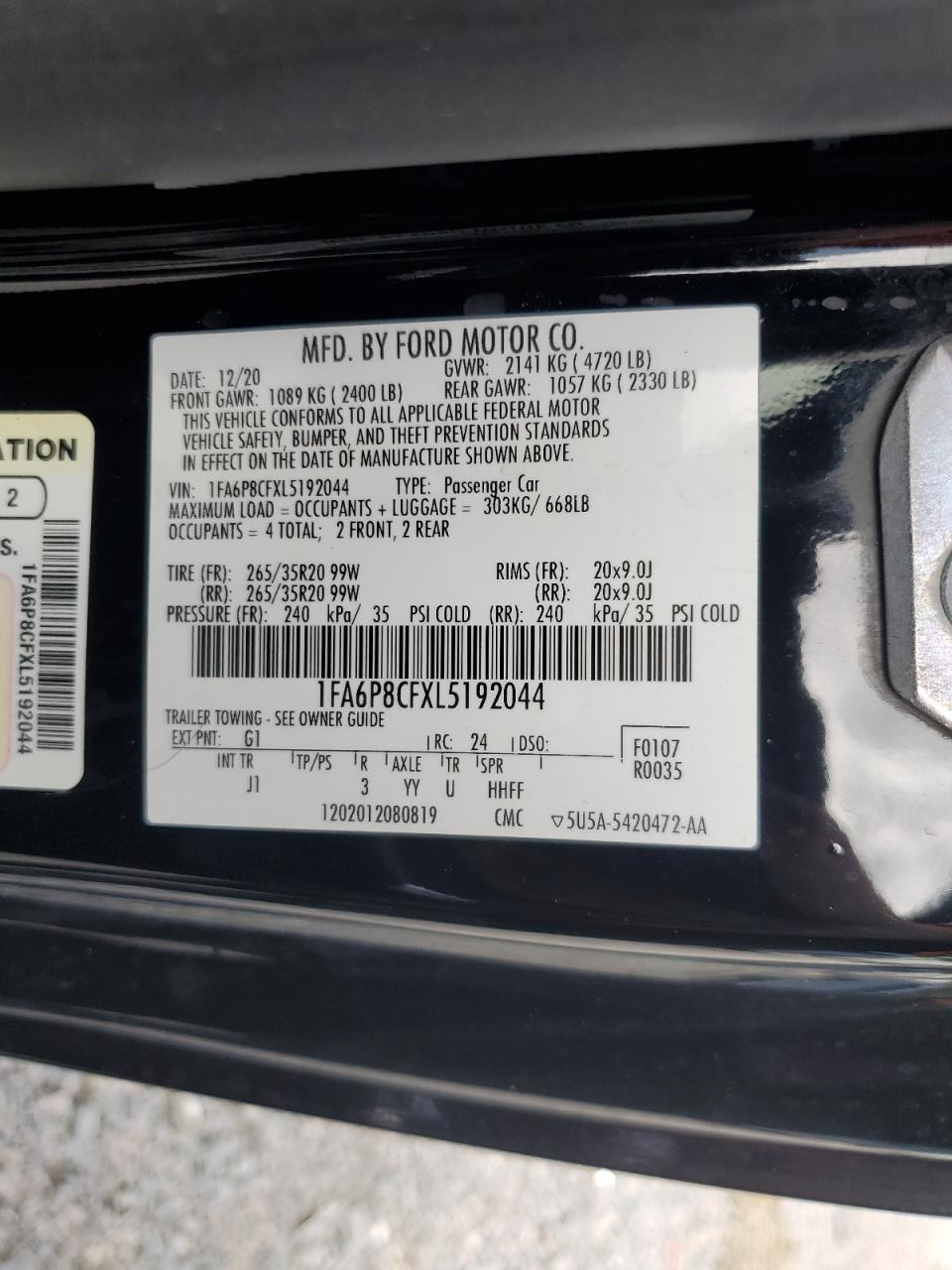 1FA6P8CFXL5192044 2020 Ford Mustang Gt