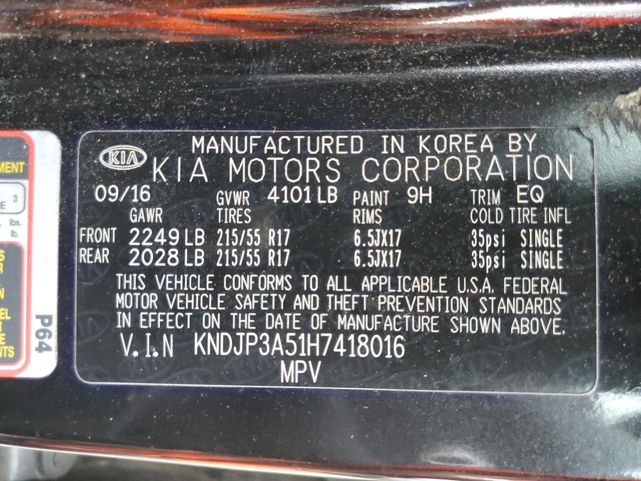 2017 Kia Soul + VIN: KNDJP3A51H7418016 Lot: 62591744