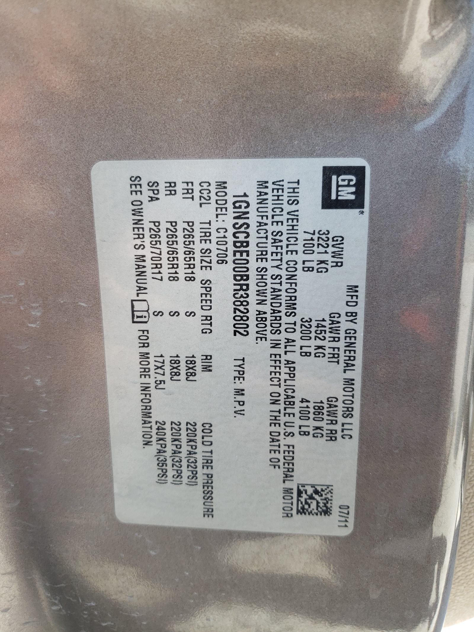 1GNSCBE00BR382802 2011 Chevrolet Tahoe C1500 Lt