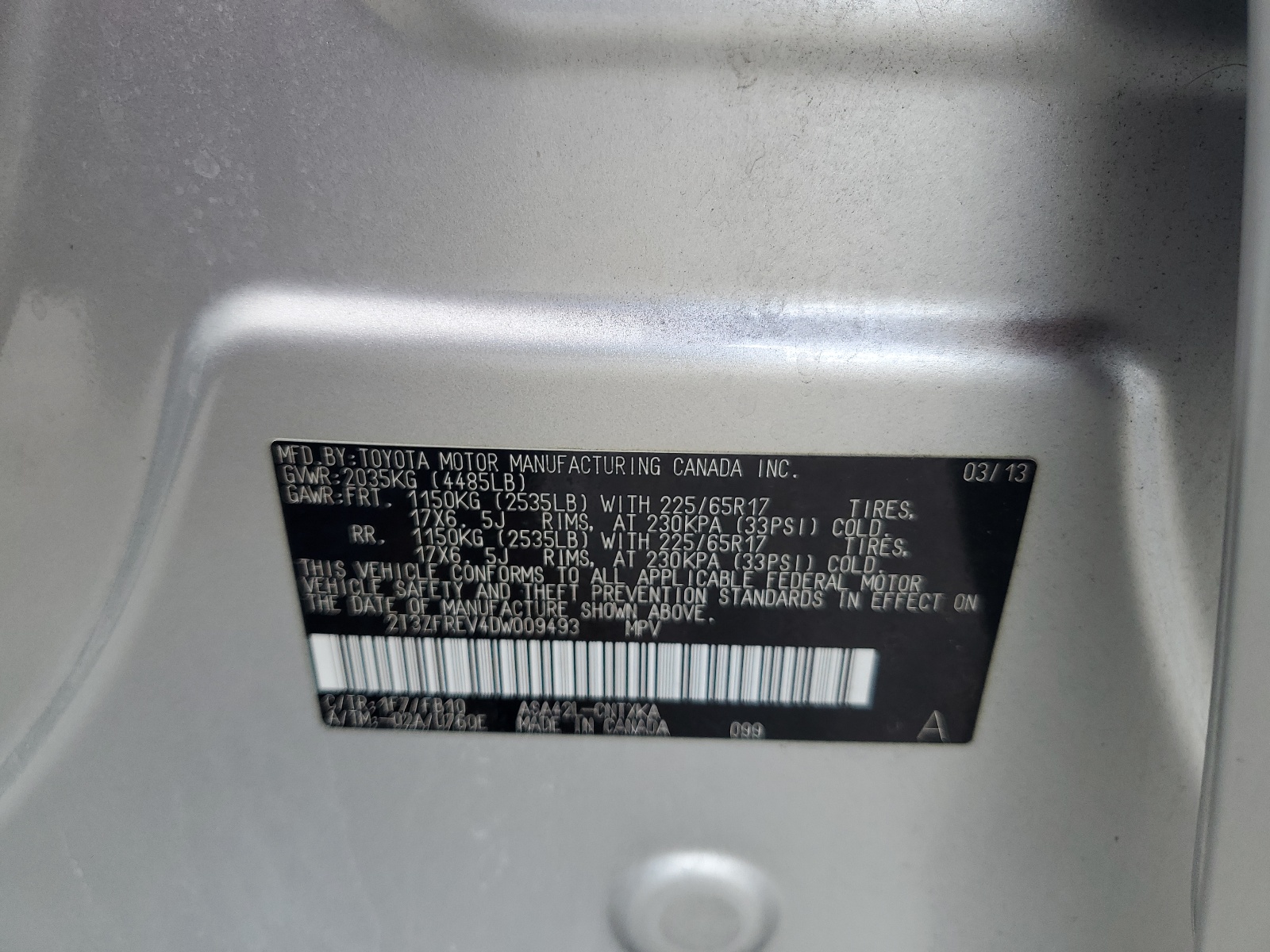 2T3ZFREV4DW009493 2013 Toyota Rav4 Le