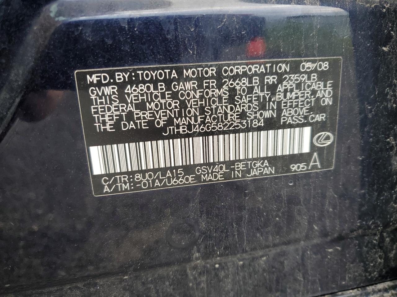 2008 Lexus Es 350 VIN: JTHBJ46G582253184 Lot: 64036994