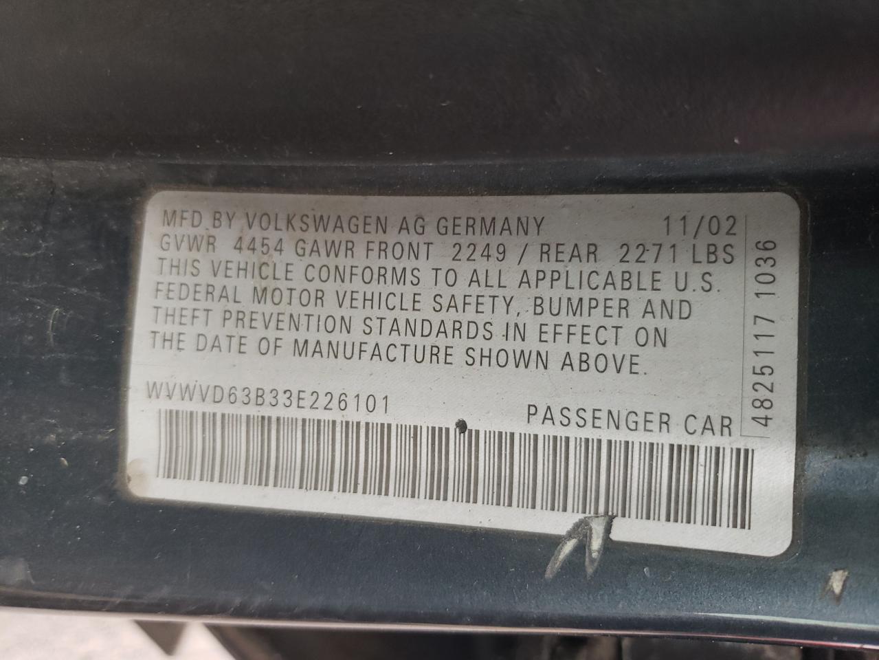 2003 Volkswagen Passat Gls VIN: WVWVD63B33E226101 Lot: 64213614