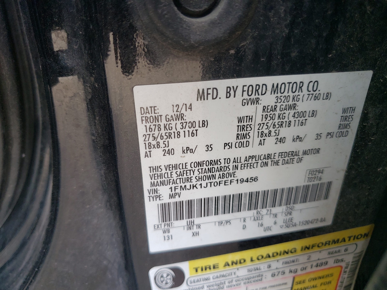 1FMJK1JT0FEF19456 2015 Ford Expedition El Xlt