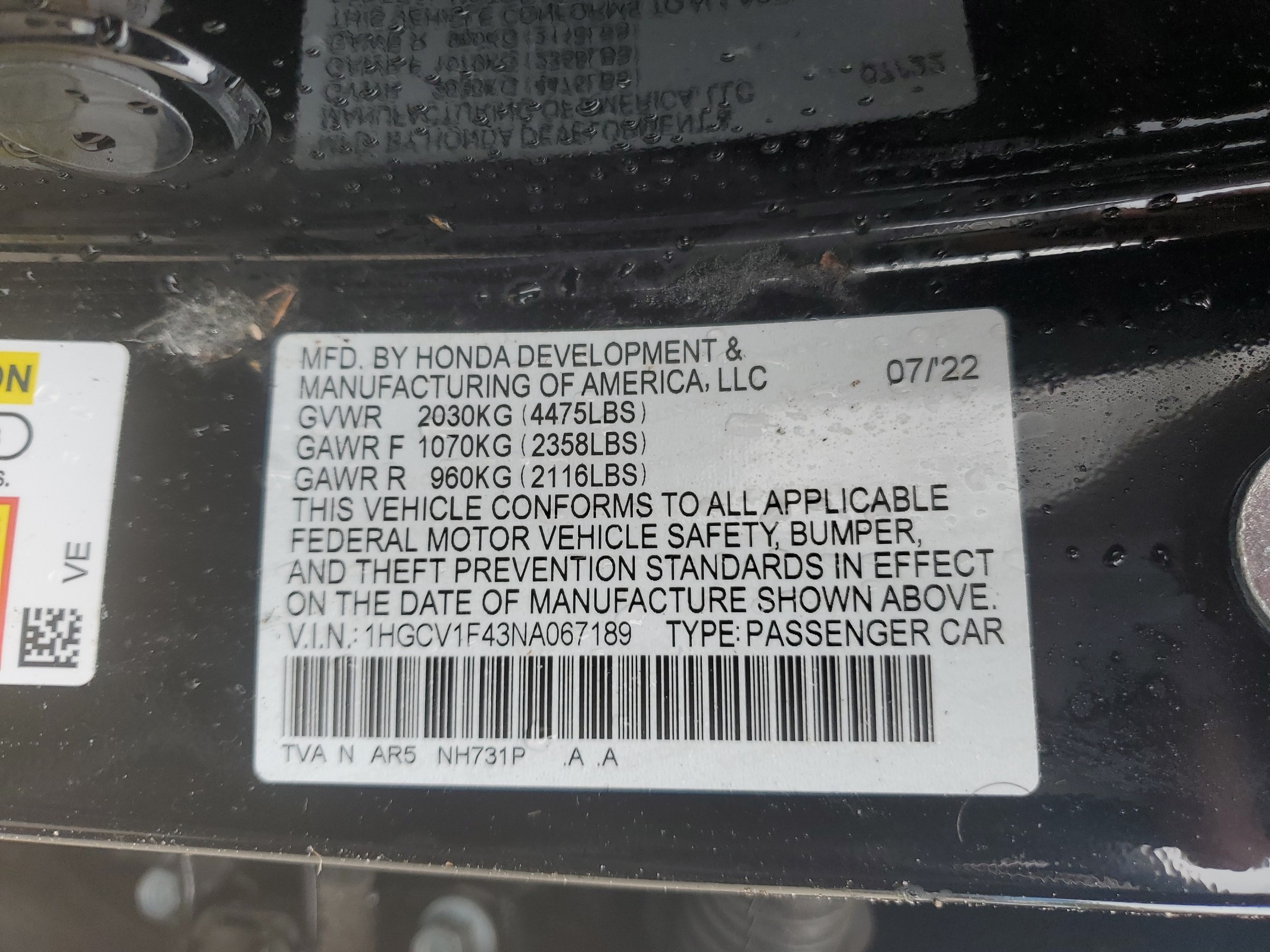 1HGCV1F43NA067189 2022 Honda Accord Sport Se