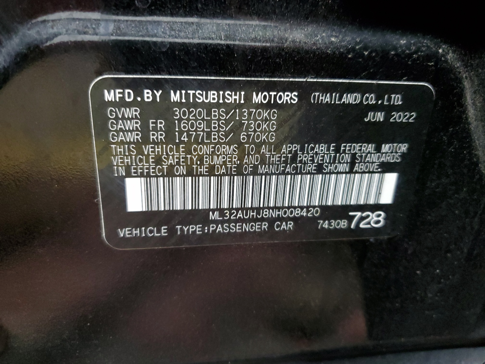 ML32AUHJ8NH008420 2022 Mitsubishi Mirage Es