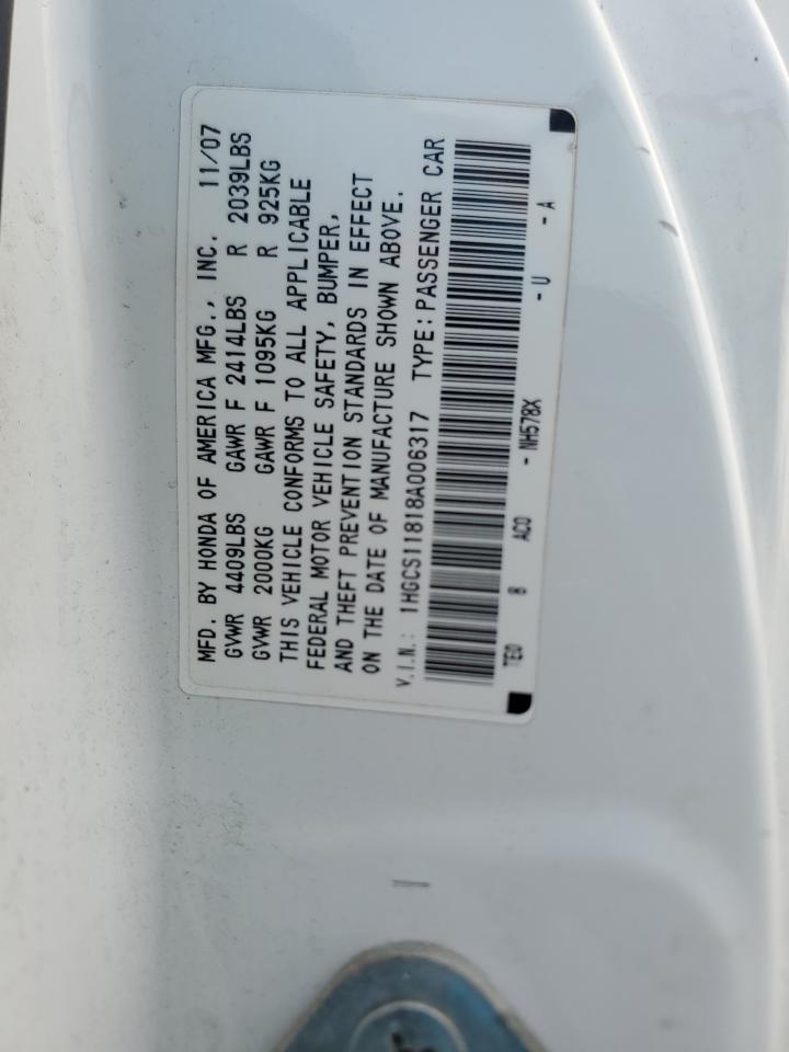 1HGCS11818A006317 2008 Honda Accord Exl