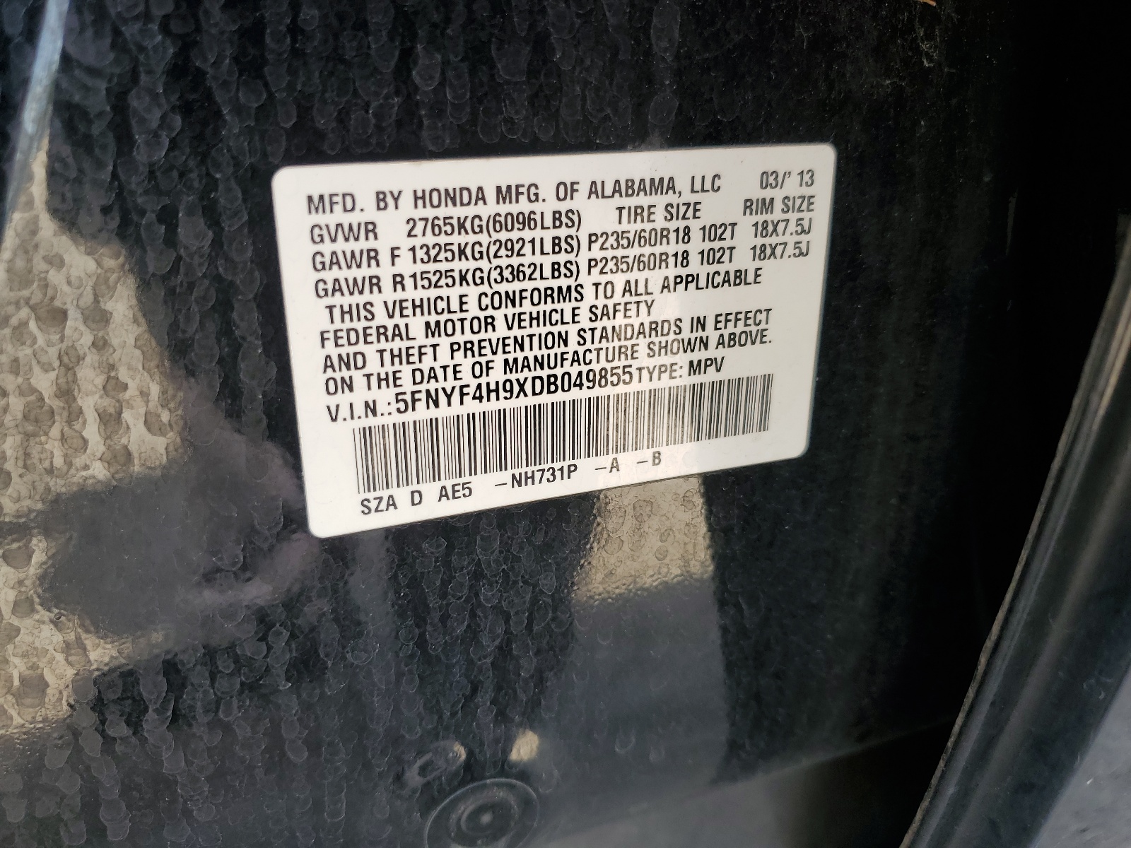 5FNYF4H9XDB049855 2013 Honda Pilot Touring