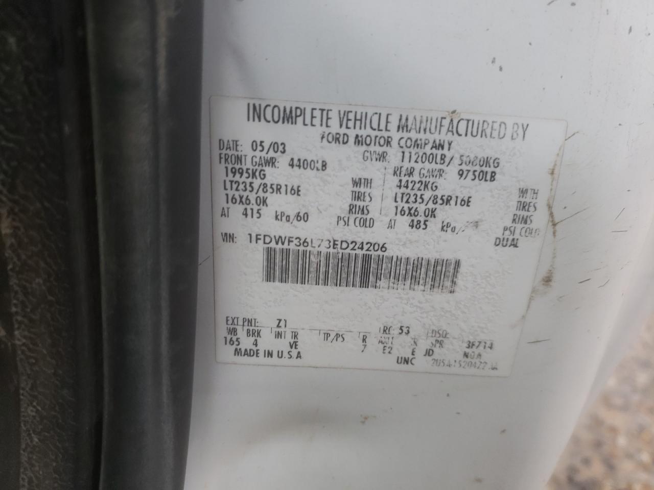 2003 Ford F350 Super Duty VIN: 1FDWF36L73ED24206 Lot: 63797854