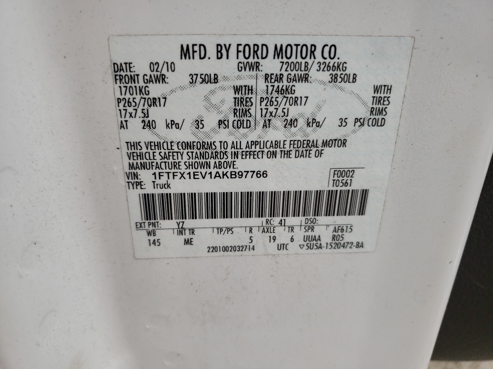 1FTFX1EV1AKB97766 2010 Ford F150 Super Cab