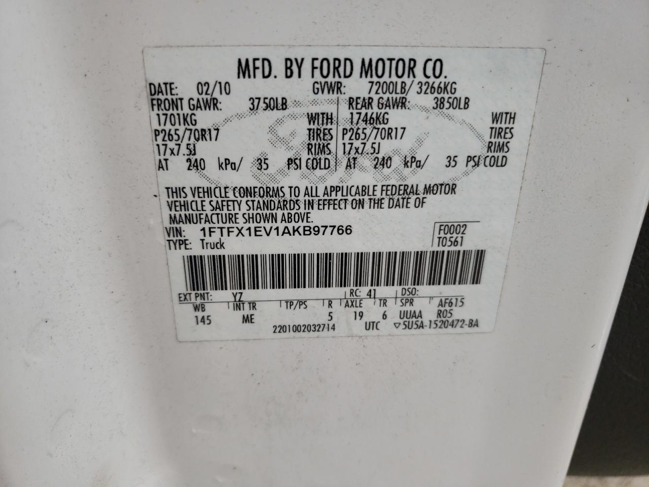 2010 Ford F150 Super Cab VIN: 1FTFX1EV1AKB97766 Lot: 60839734