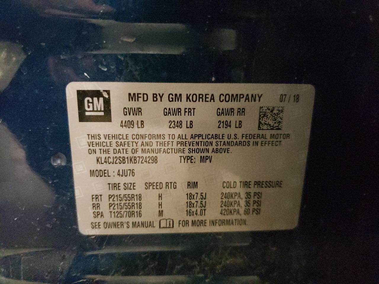 2019 Buick Encore Sport Touring VIN: KL4CJ2SB1KB724298 Lot: 63120194